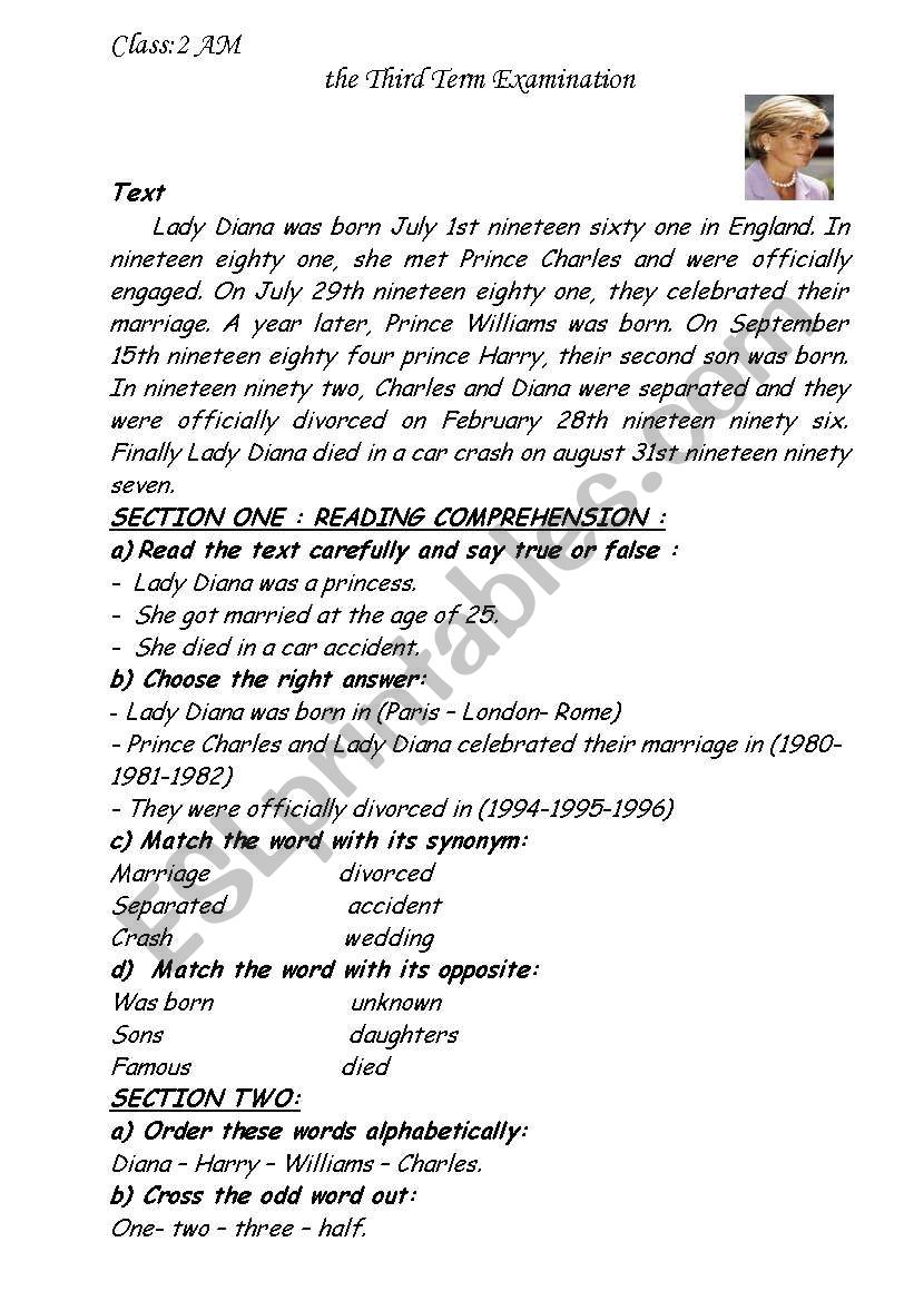 lady diana  worksheet