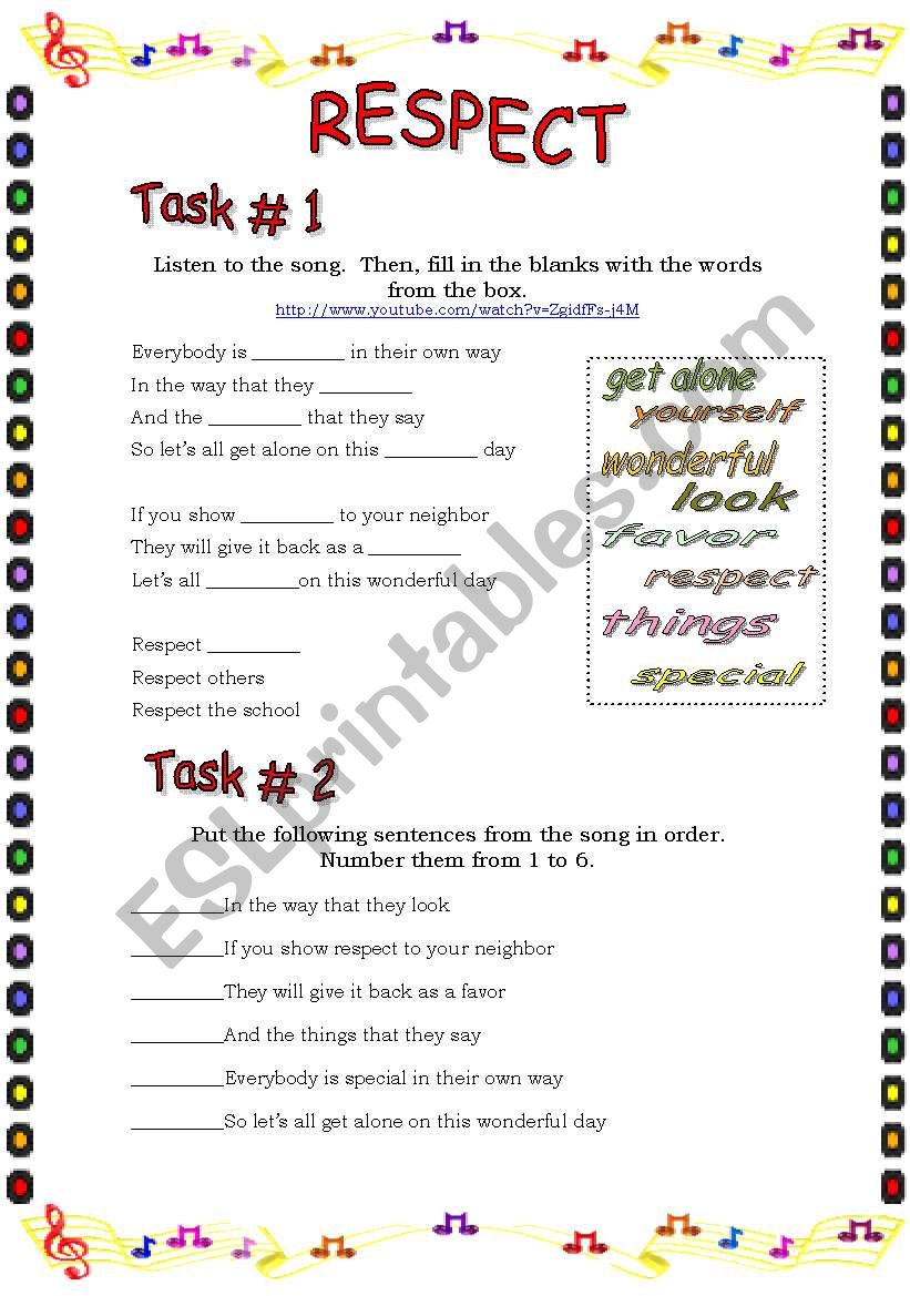 Values: RESPECT SONG worksheet