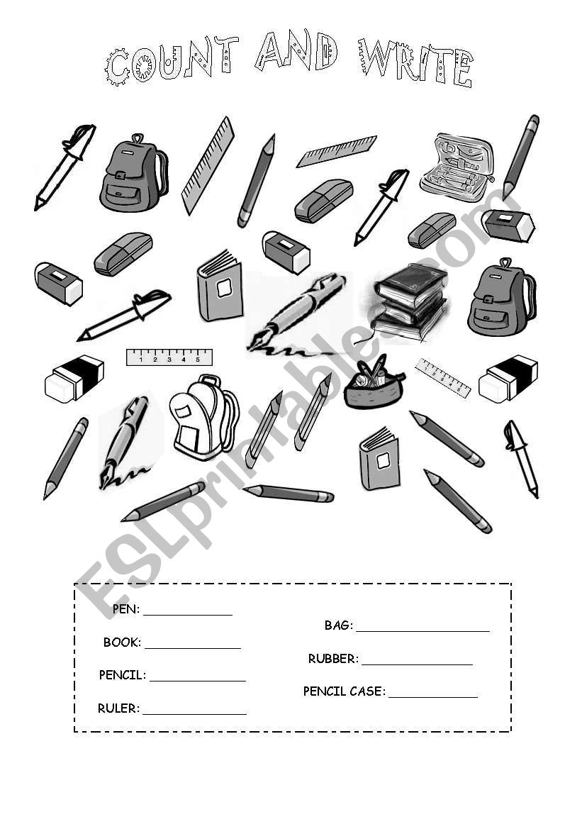 count the school objects and then write the numbers