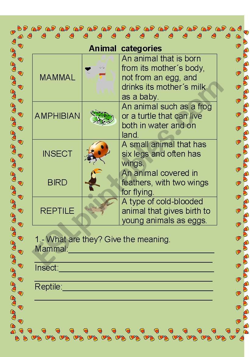 ANIMAL CATEGORIES worksheet