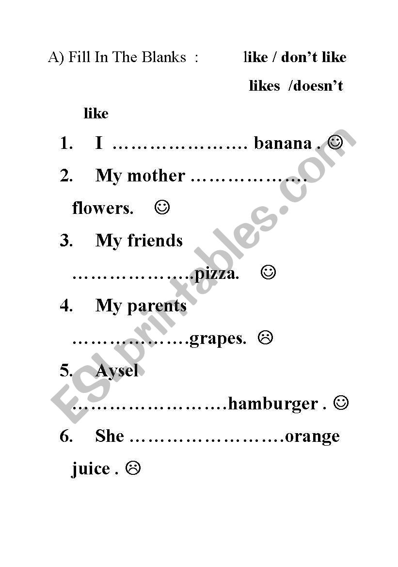 like/dislike worksheet