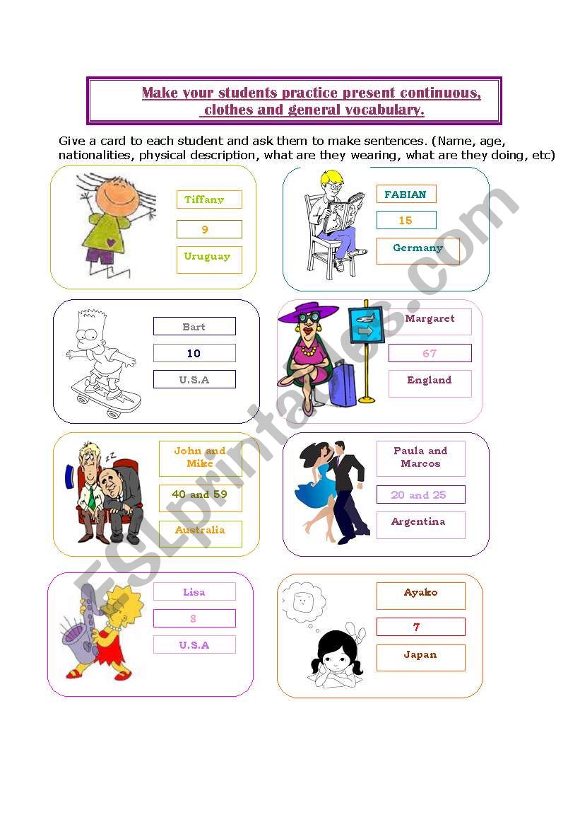 cards for practicing, nationalities, age, describing people, present continuous, etc