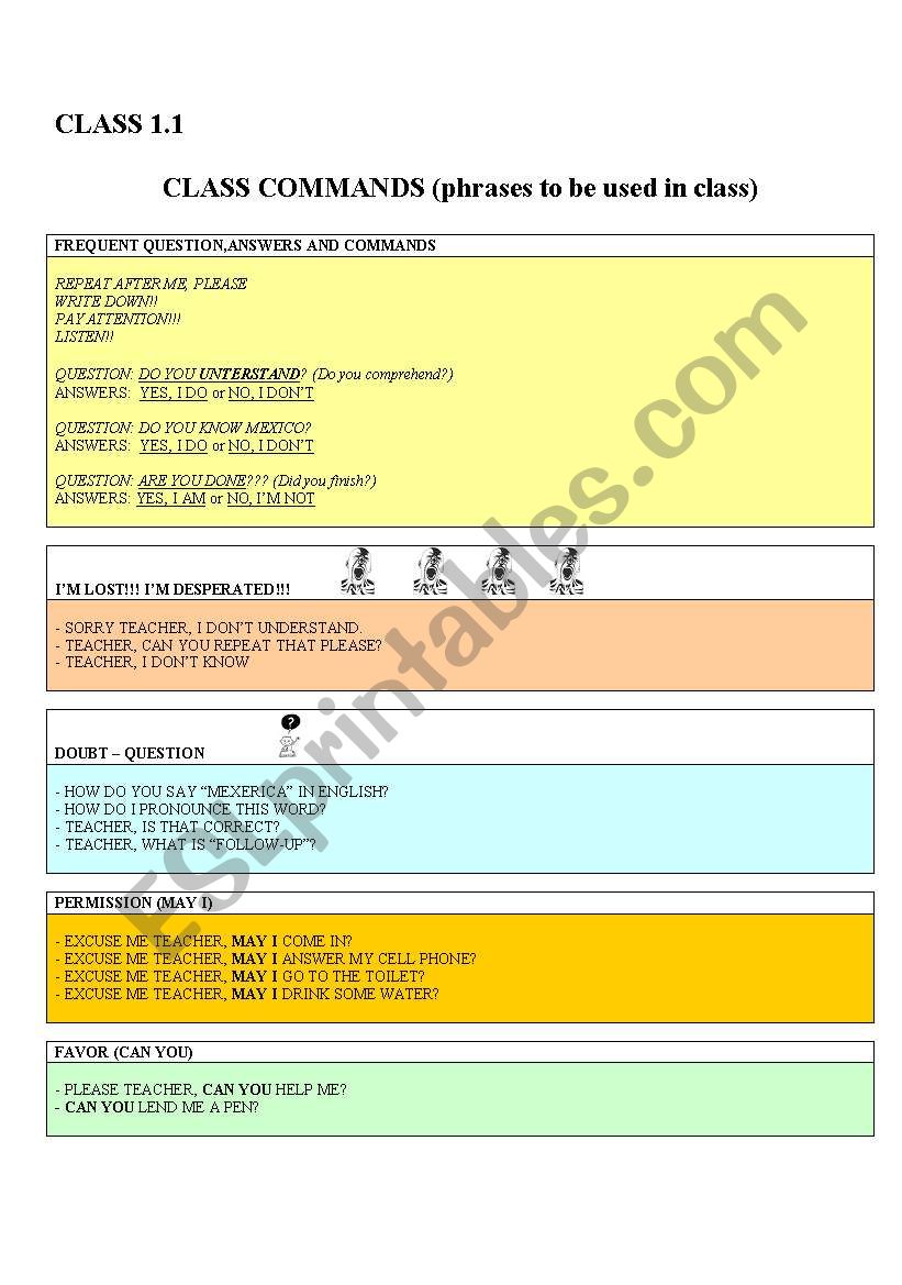 First Class Commands worksheet