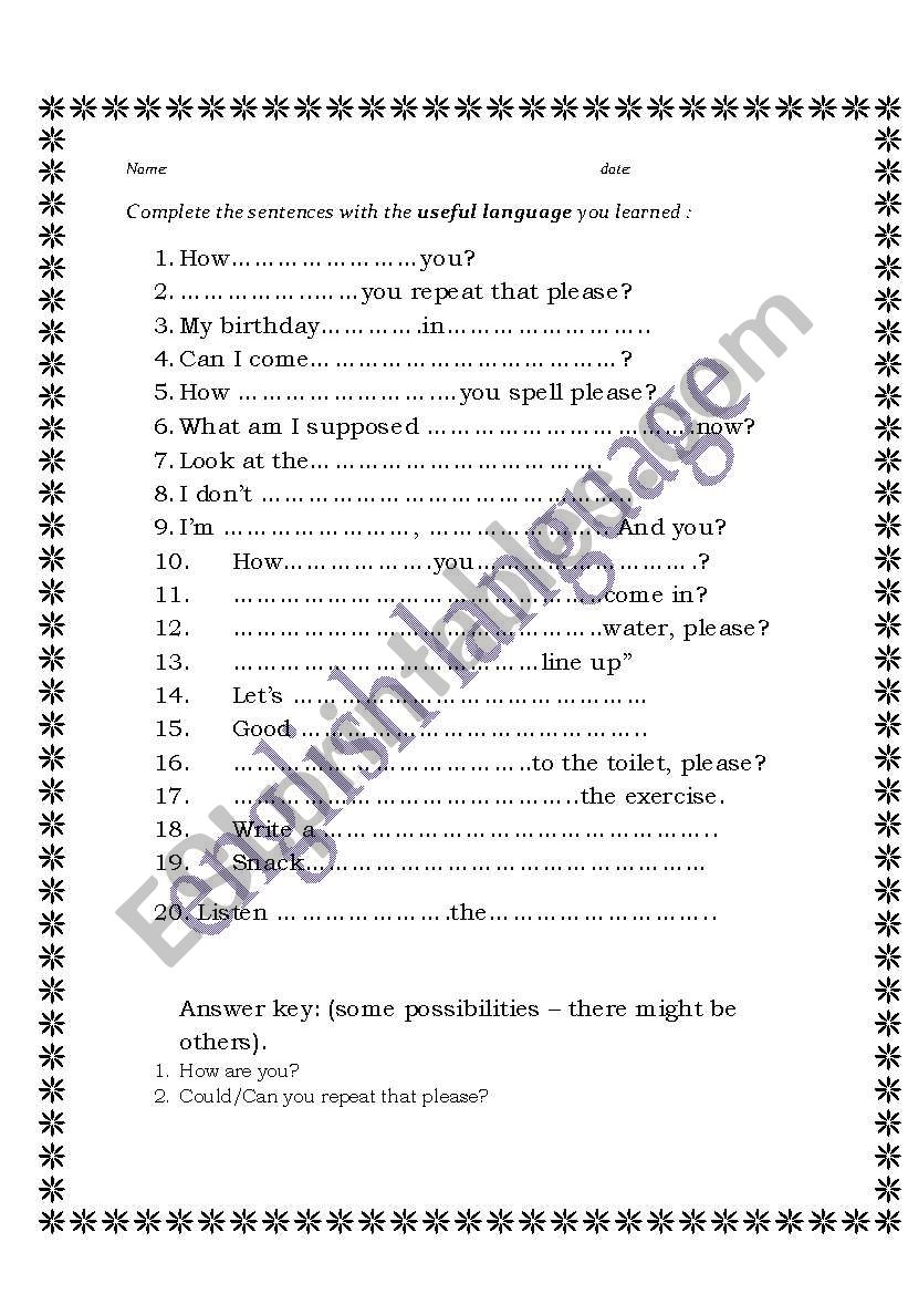 USEFUL LANGUAGE worksheet