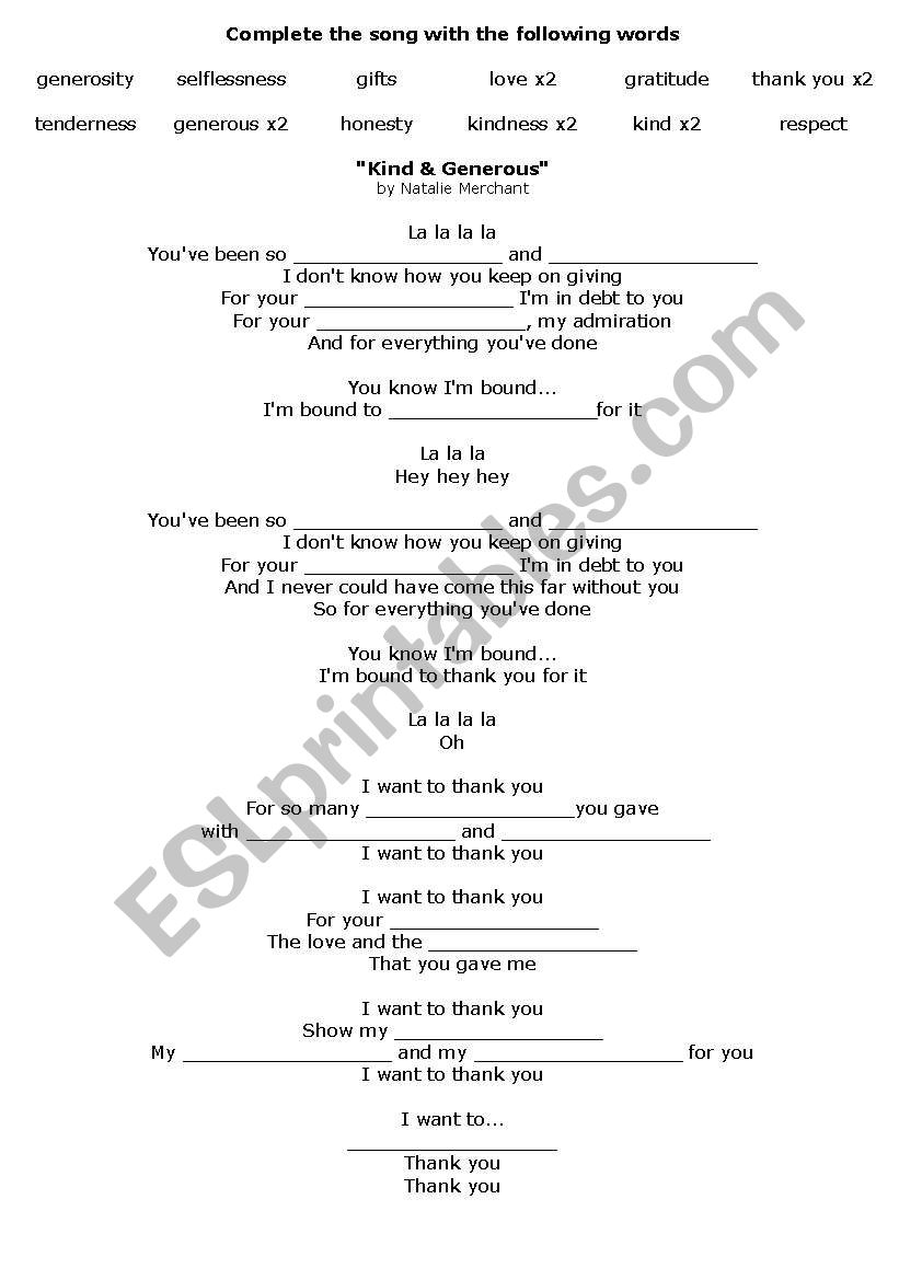 Song-Ajdectives worksheet