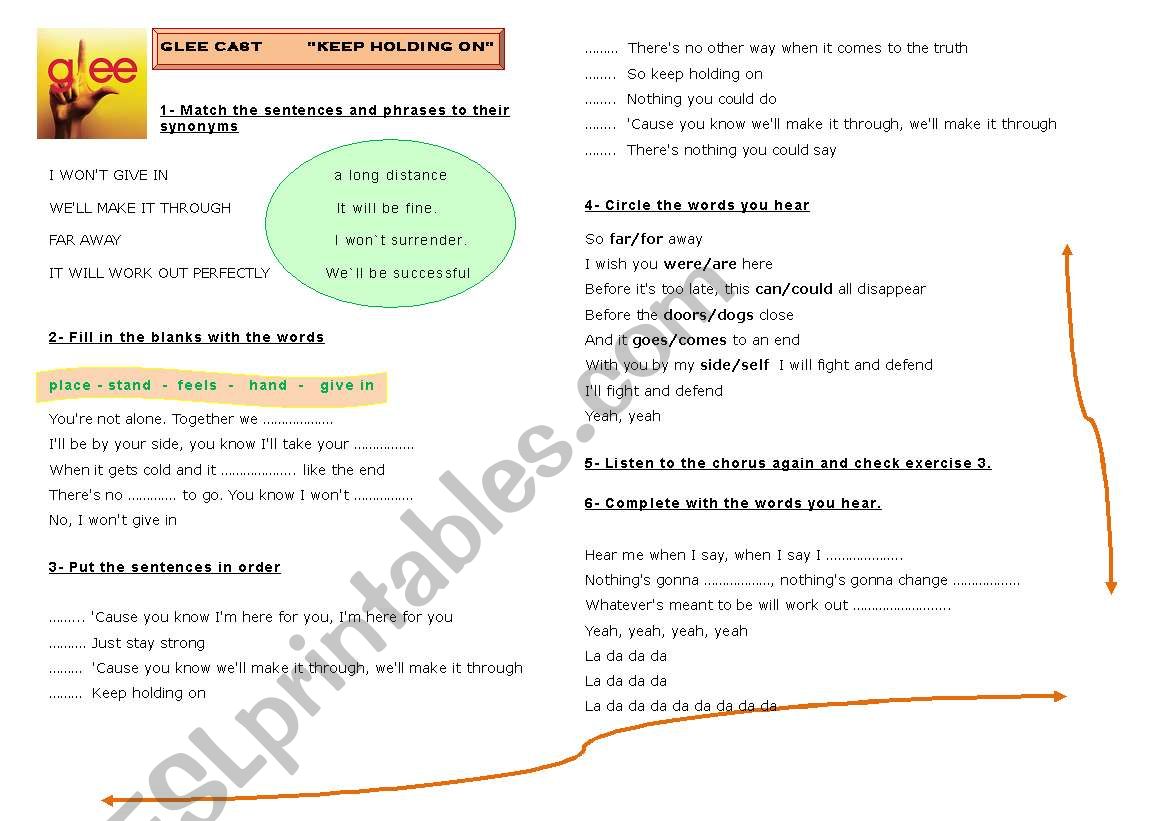 GLEE CAST -  KEEP HOLDING ON worksheet