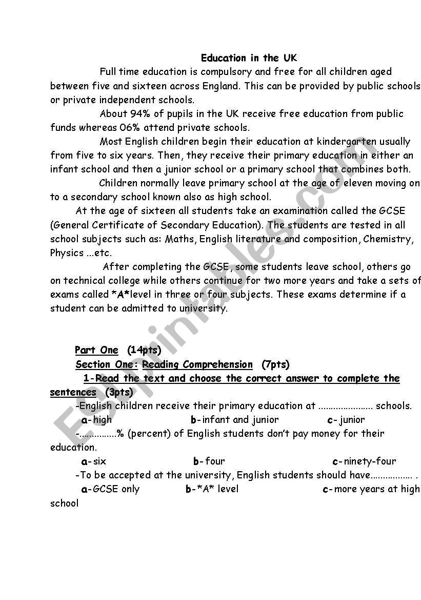 education in UK  worksheet