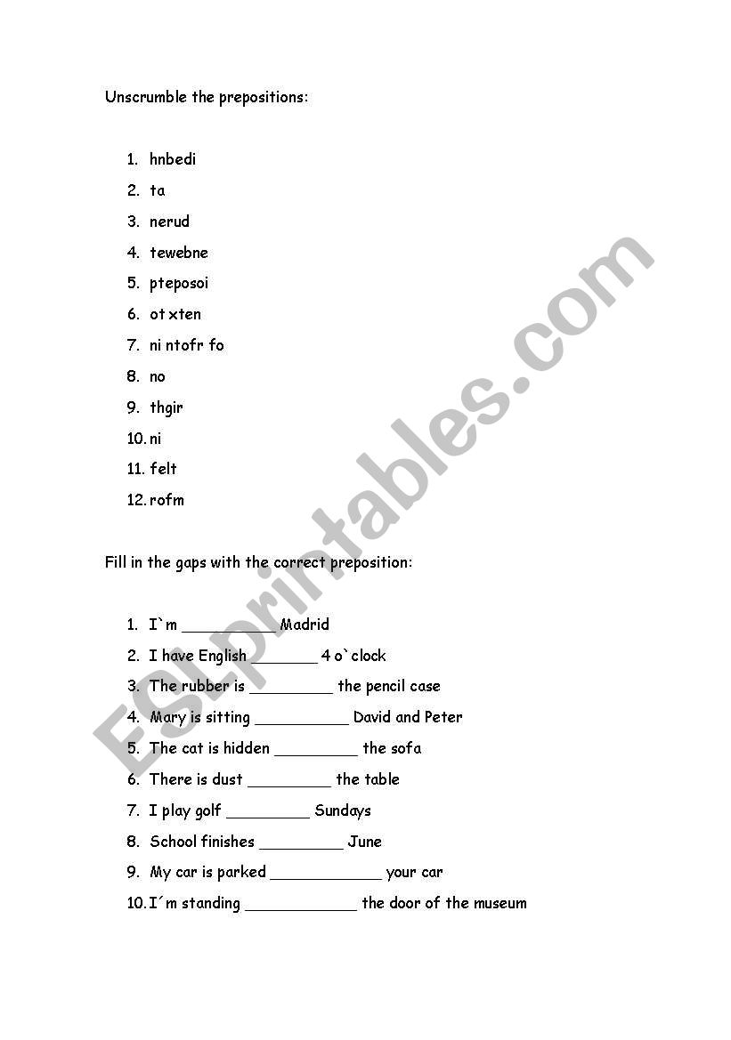 Prepositions worksheet