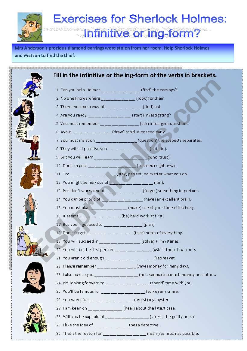 Sherlock Holmes case XIII - Follow-up. Exercises on infinitive and ing-form