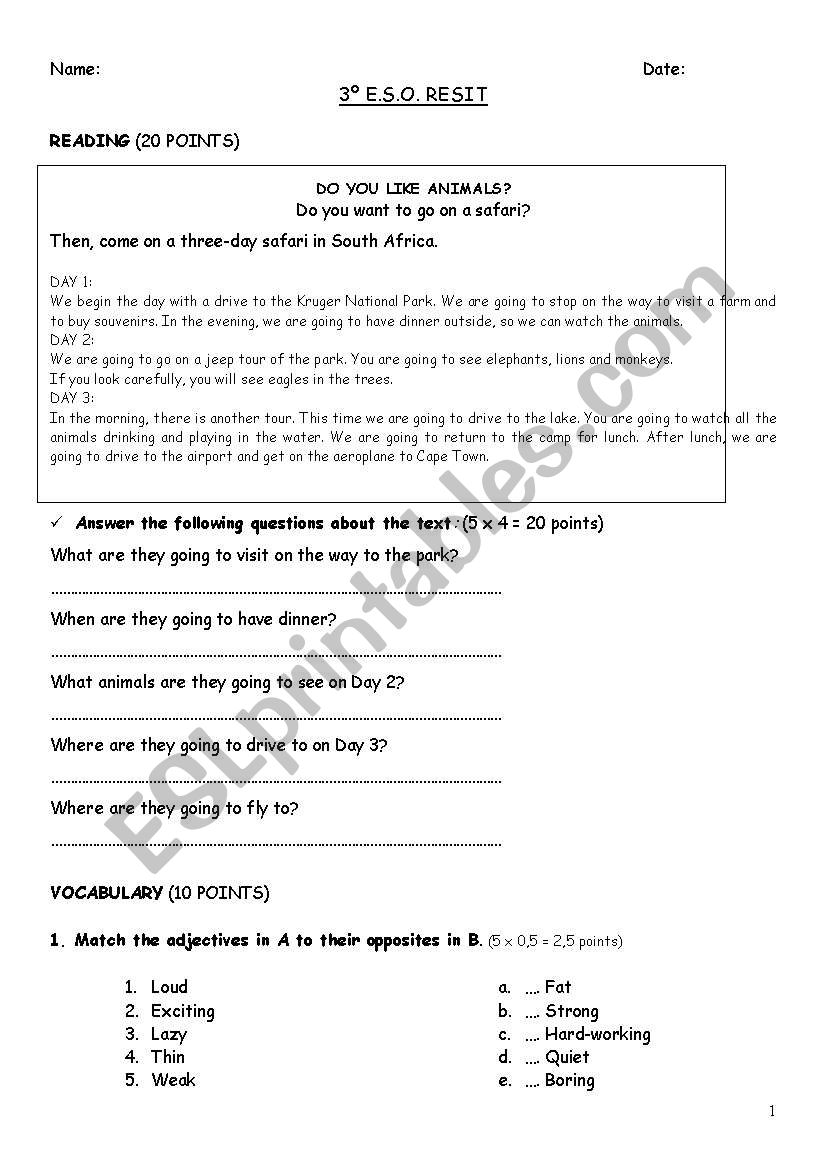 EXAM RESIT (3ÂºESO) worksheet