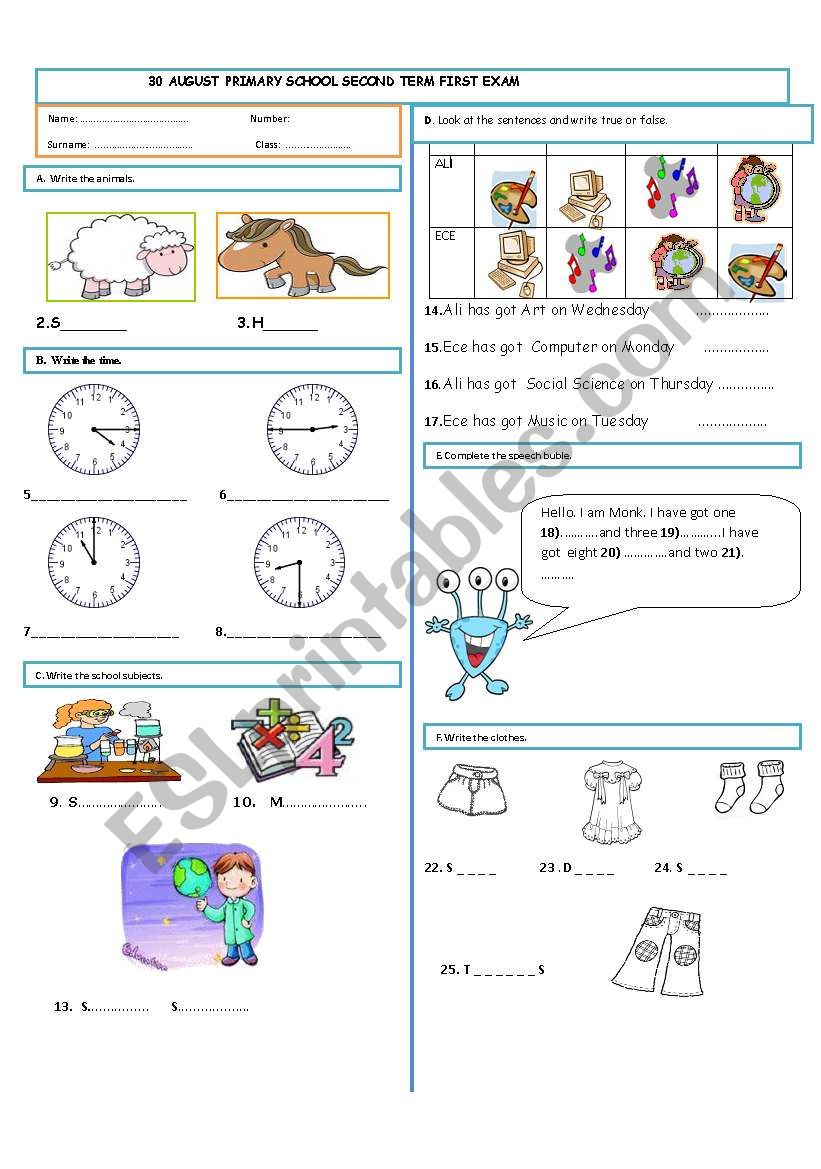 Exam for the 4th graders (1) worksheet