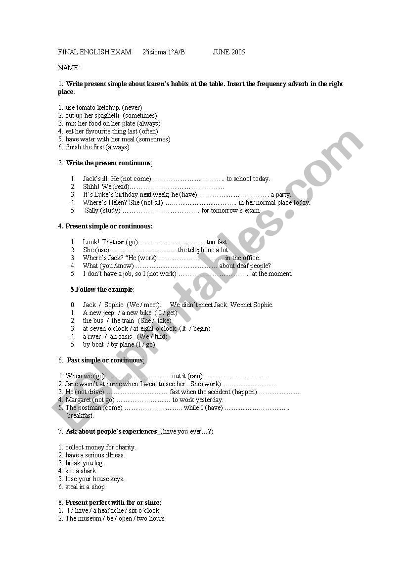 Second language exam worksheet