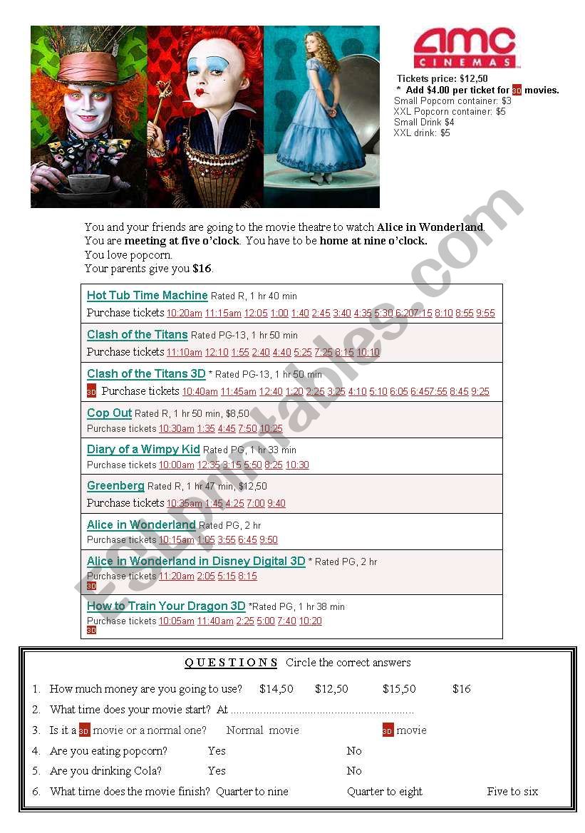MOVIE THEATRE SCHEDULE TELLING TIME ALICE IN WONDERLAND
