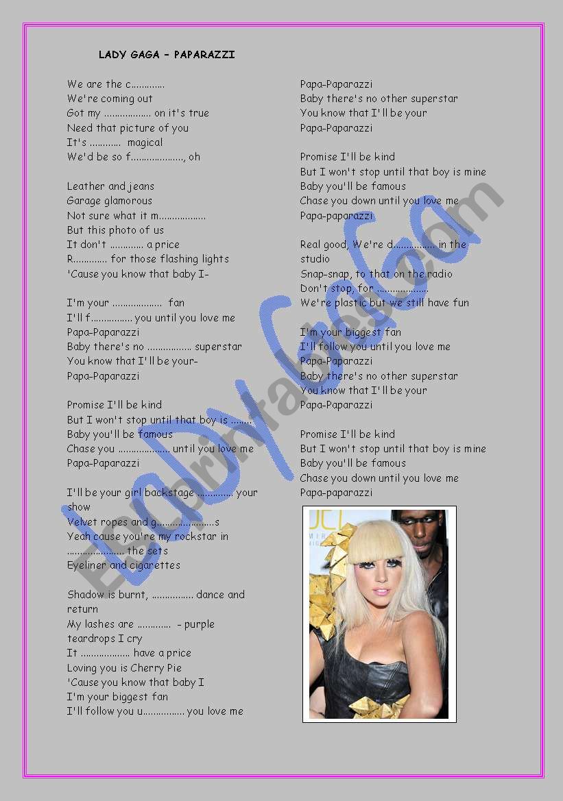 Lady Gaga - Paparazzi Lyrics worksheet