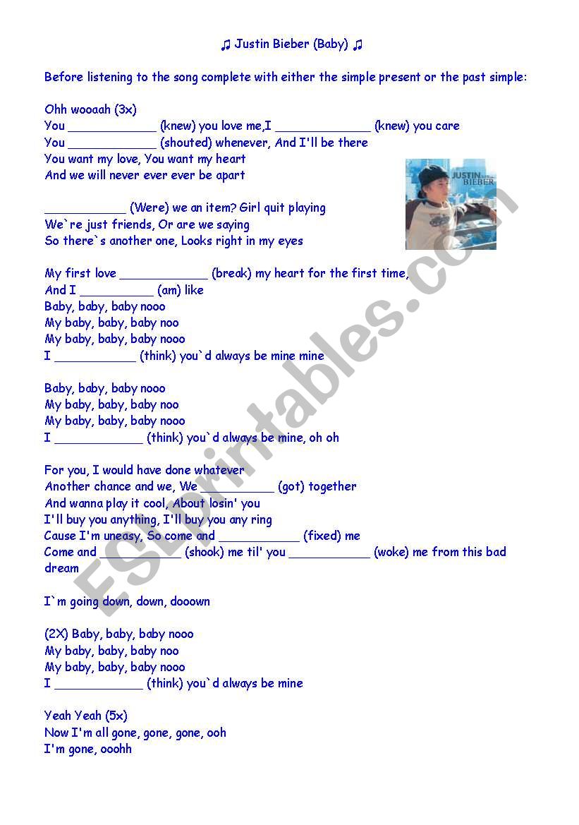 Baby Justin Bieber Esl Worksheet By Linininha