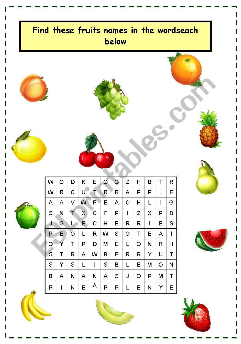 Fuits names wordsearch worksheet