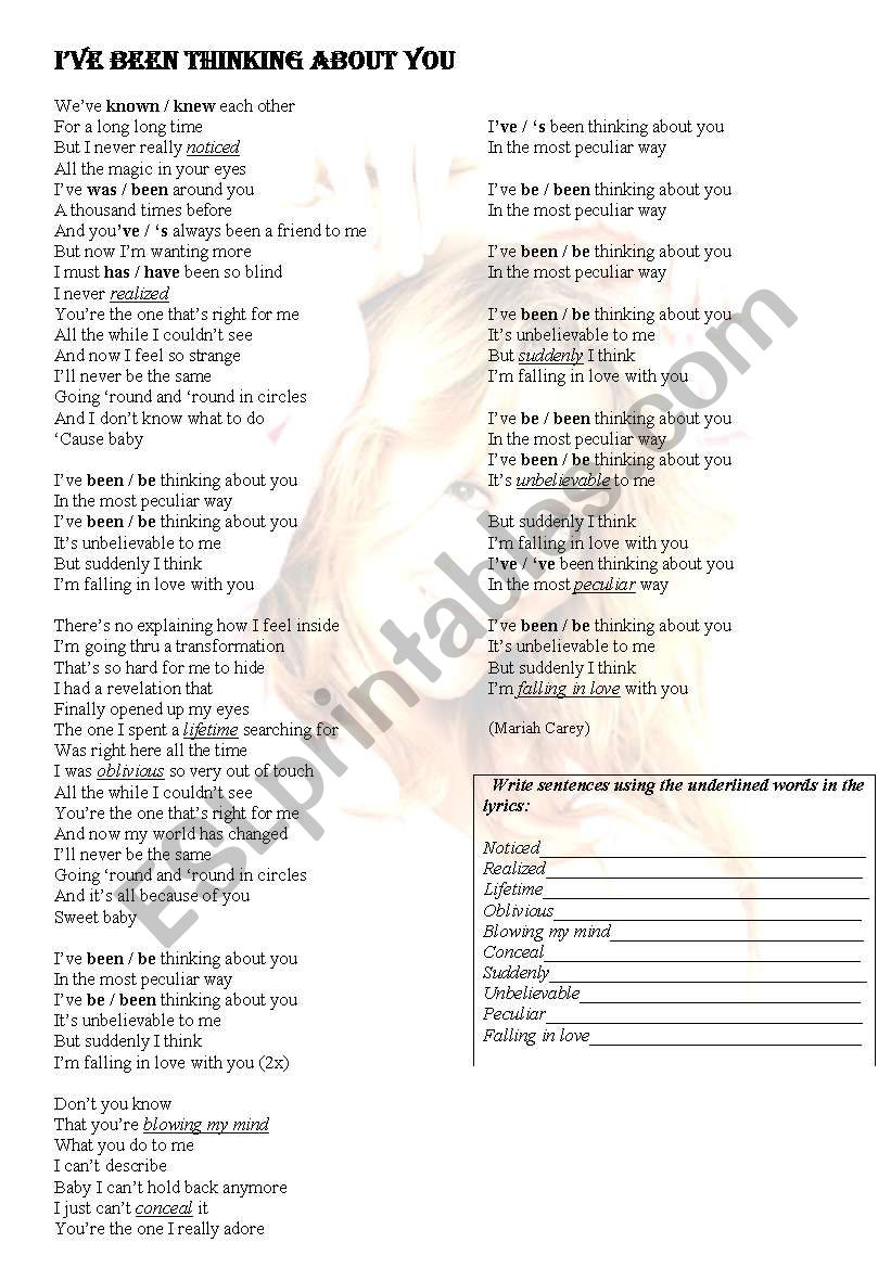 I´ve been thinking about you (Mariah Carey) - ESL worksheet by Titina29