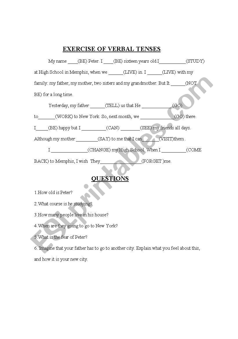 verbal tenses and reading worksheet