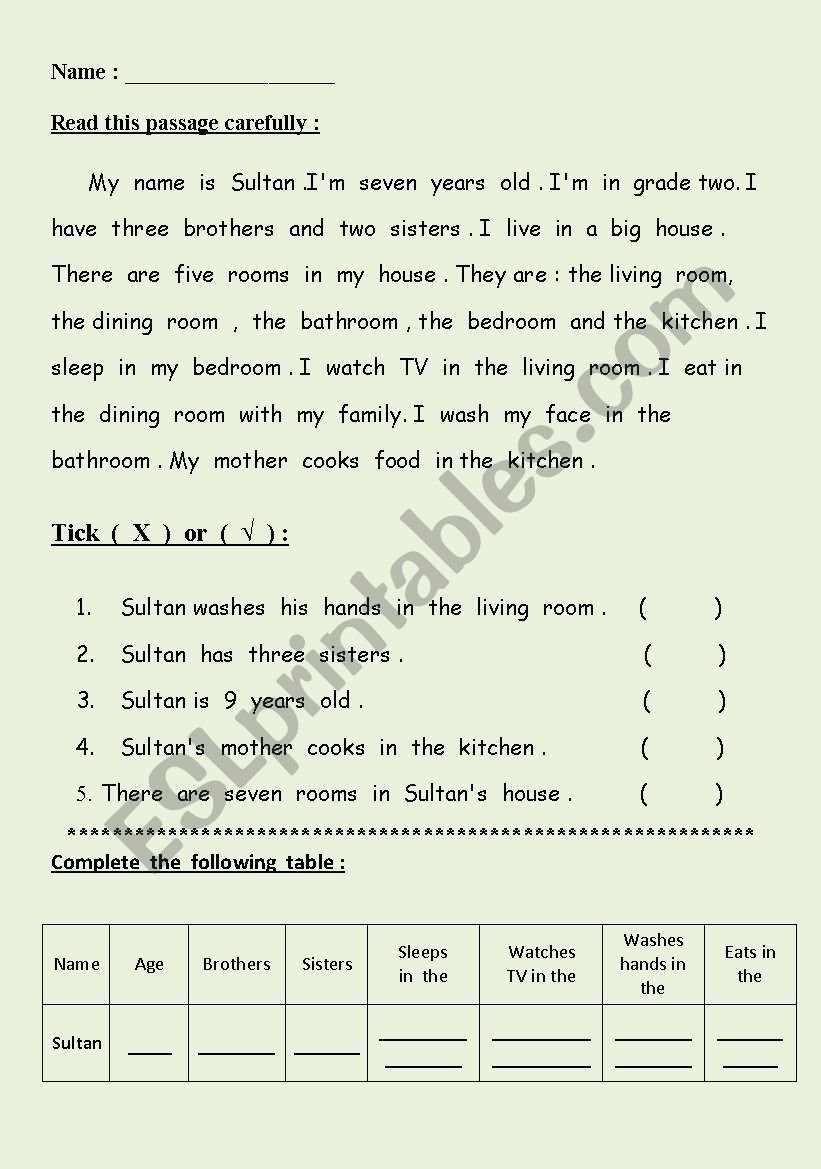 Sutlans House worksheet