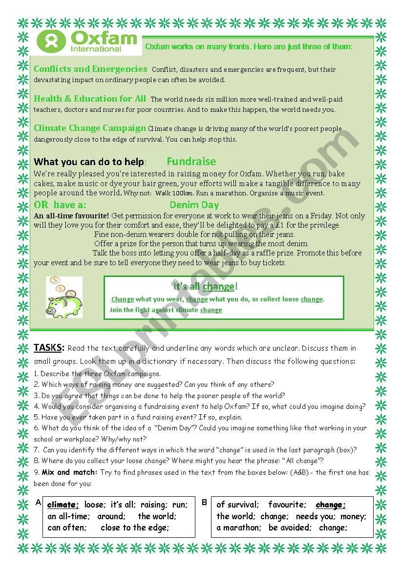 Raising funds for Oxfam worksheet