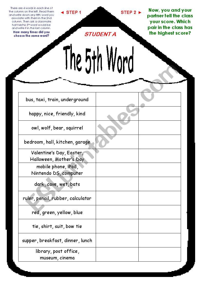 THE 5TH WORD; VOCABULARY GAME; WORD ASSOCIATION ACTIVITY; FUN CLASSROOM COMPETITION; fully editable speaking and listening activity; good for adults, too!! :)