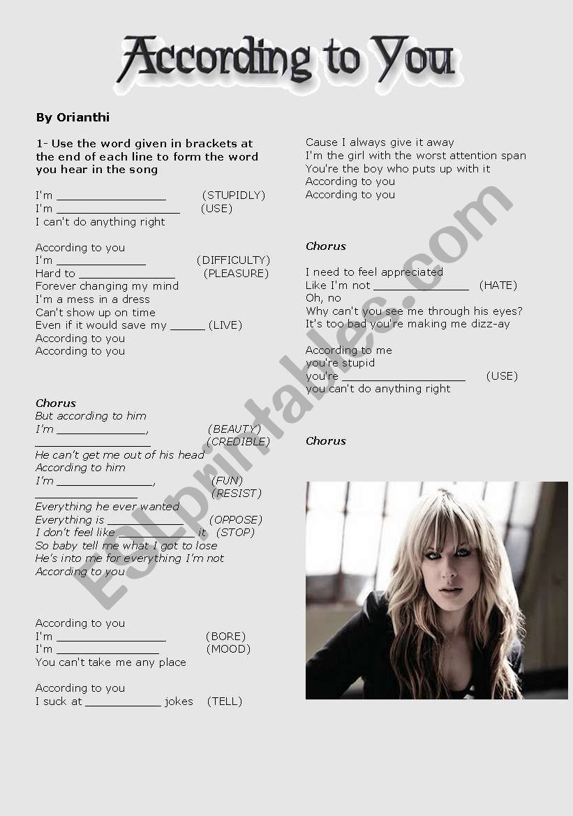 According to You by Orianthi worksheet