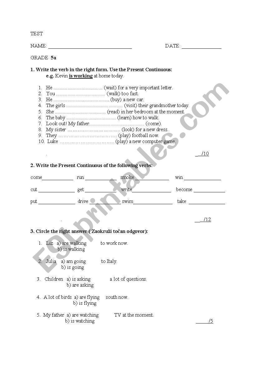 Present Continuous exercises worksheet