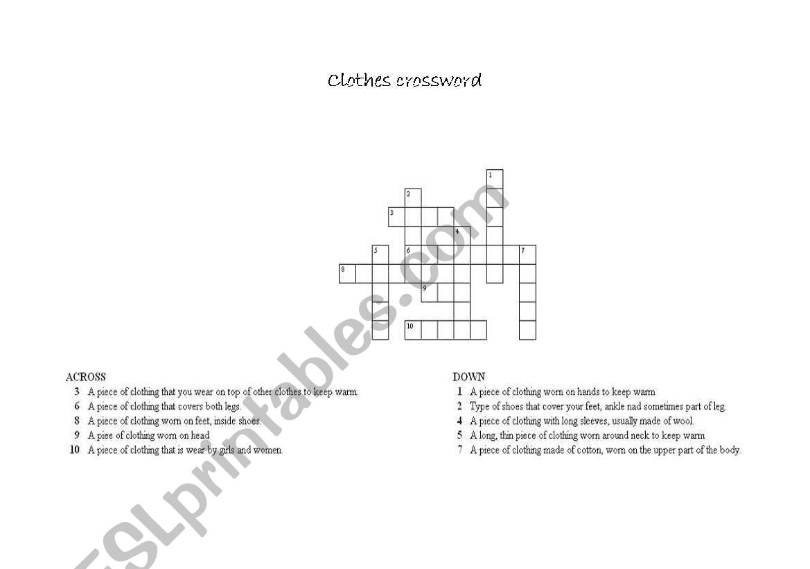 Clothes crossword worksheet