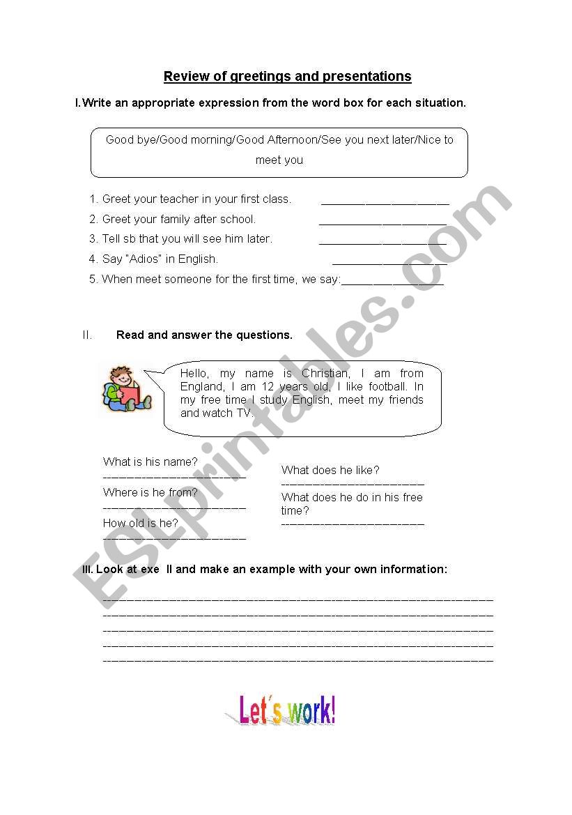 Greetings and presentations worksheet