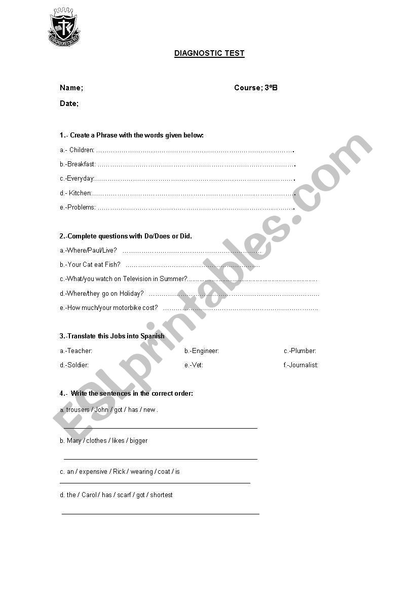 diagnostic grammar test worksheet