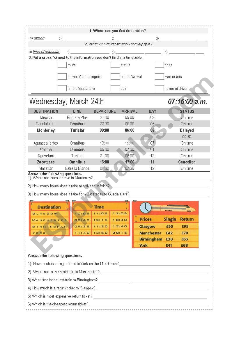 Timetables worksheet