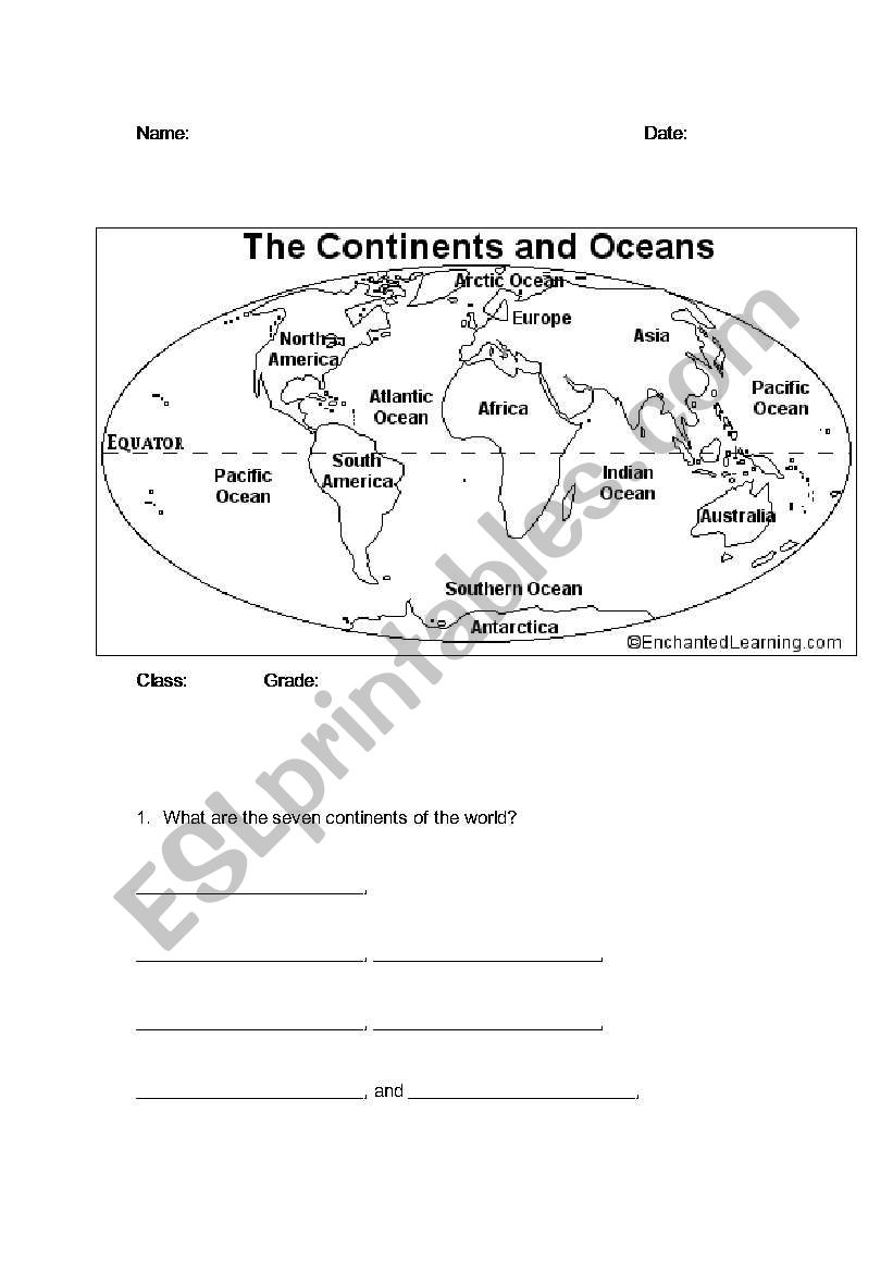 Continents and Oceans worksheet