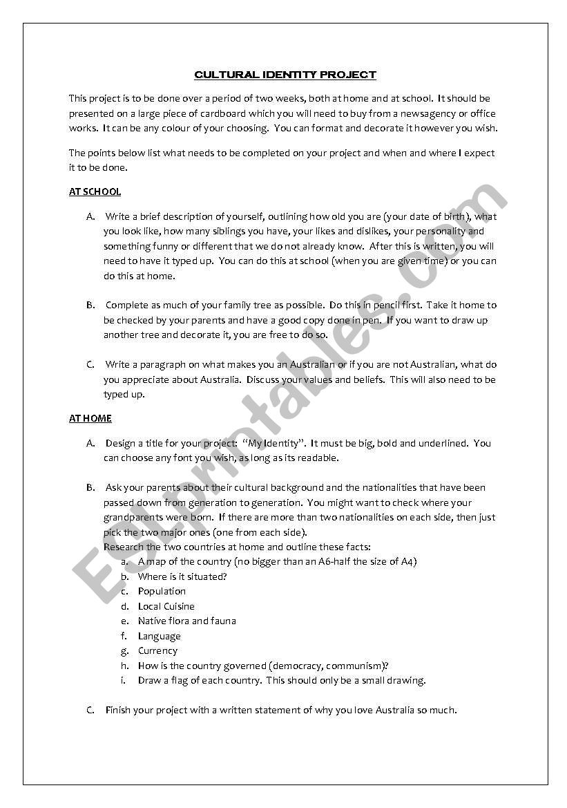Cultural Identity Project worksheet