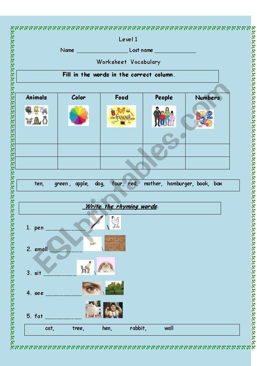 Differect vocabulary worksheet