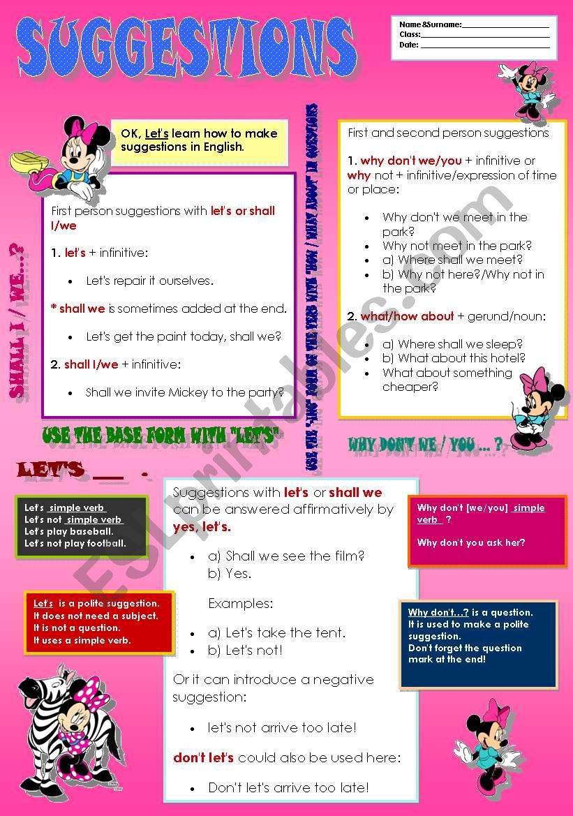 Suggestion with Minnie ( test +answer key ) 2 pages