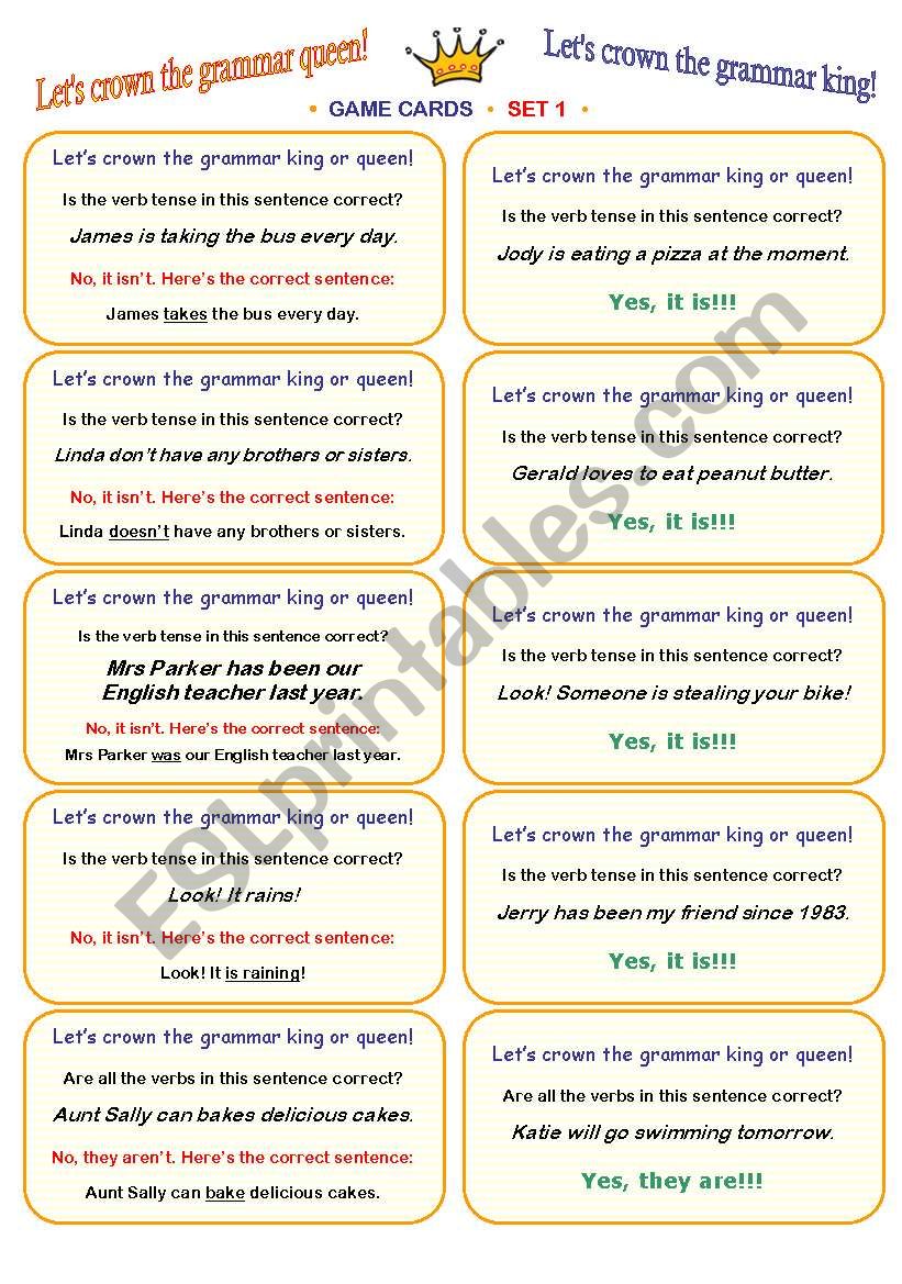 LETS CROWN THE GRAMMAR QUEEN OR KING!  FUN CLASSROOM CHALLENGE  CARD GAME  fully editable speaking and listening activity  30 cards (SET 1)  clear how-to-play instructions included :))))