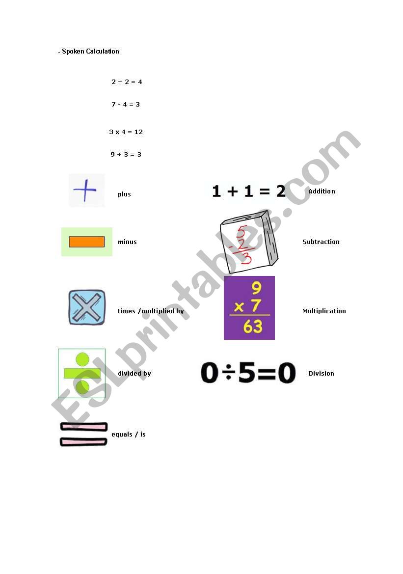 Spoken calcuation worksheet