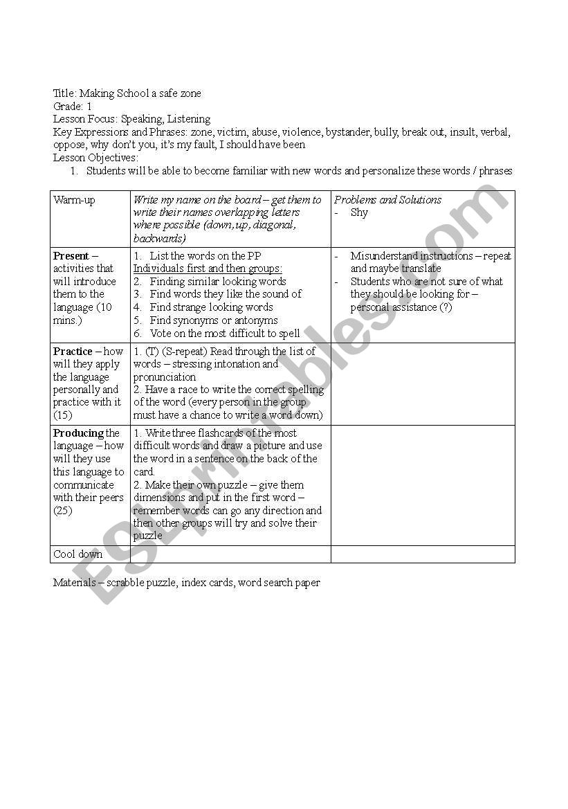 Vocabulary lesson on making school a safe zone