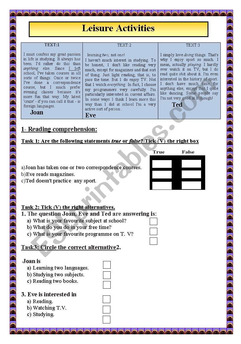 Leisure  activities worksheet