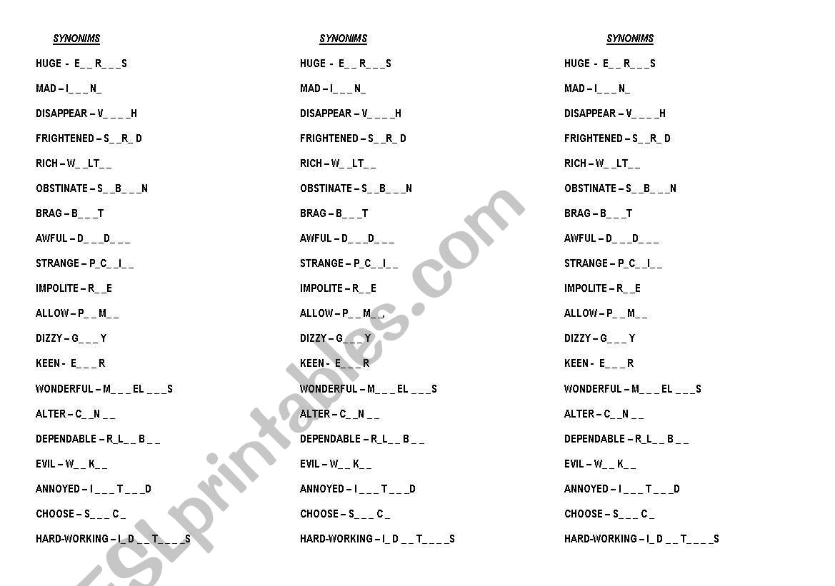 Synonims worksheet