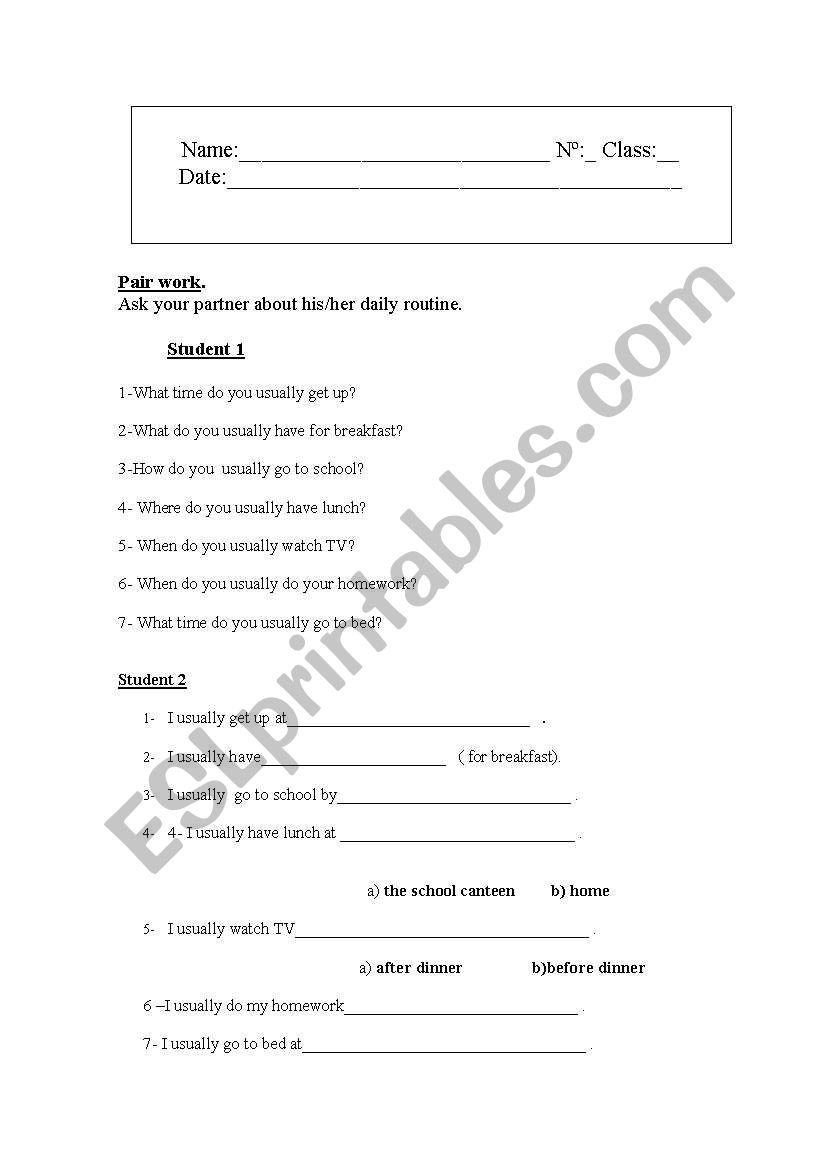 Daily routine worksheet