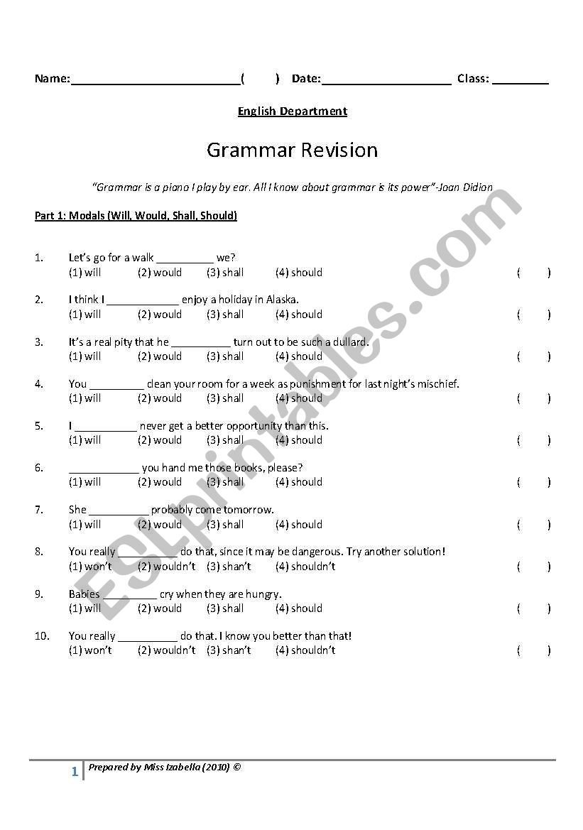 Grammar Revision Worksheet (Modals and Reported Speech) (Answers Provided)