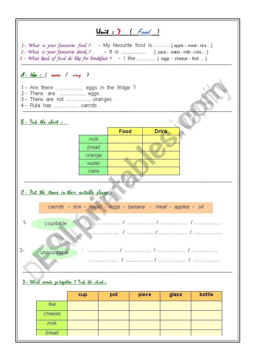 food worksheet