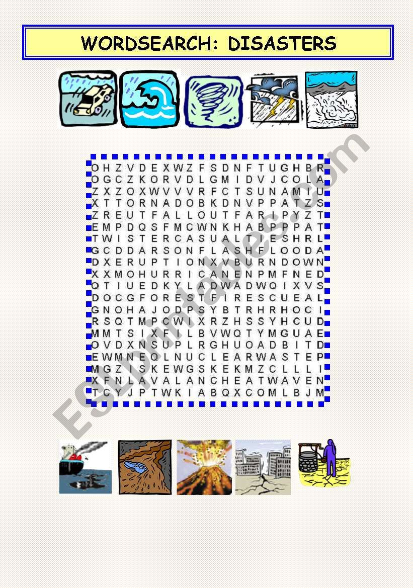 Disasters wordsearch worksheet