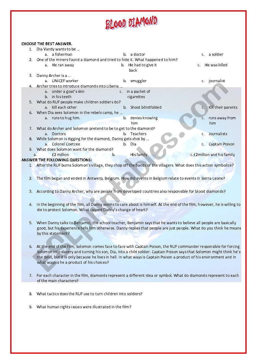 FILM: BLOOD DIAMOND worksheet