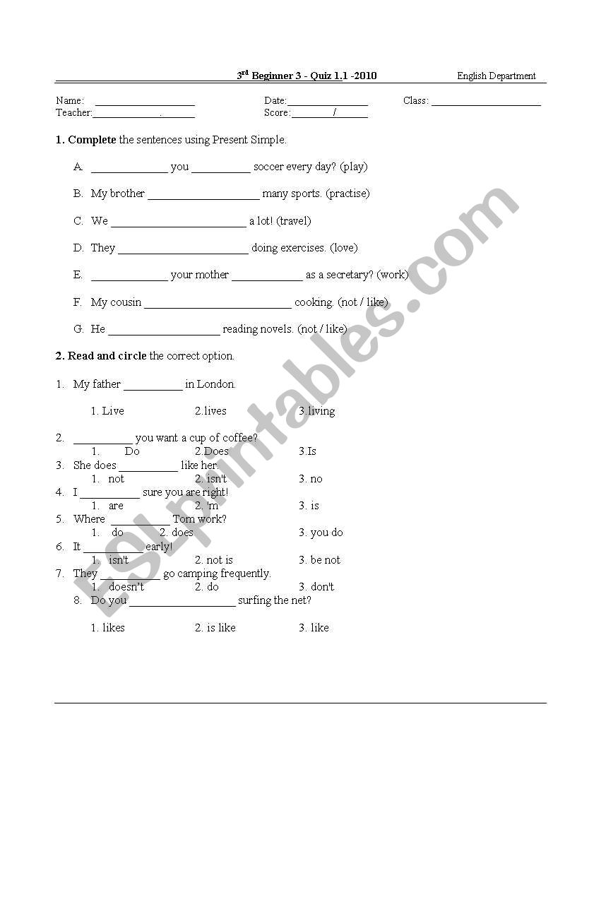 Present simple quiz worksheet
