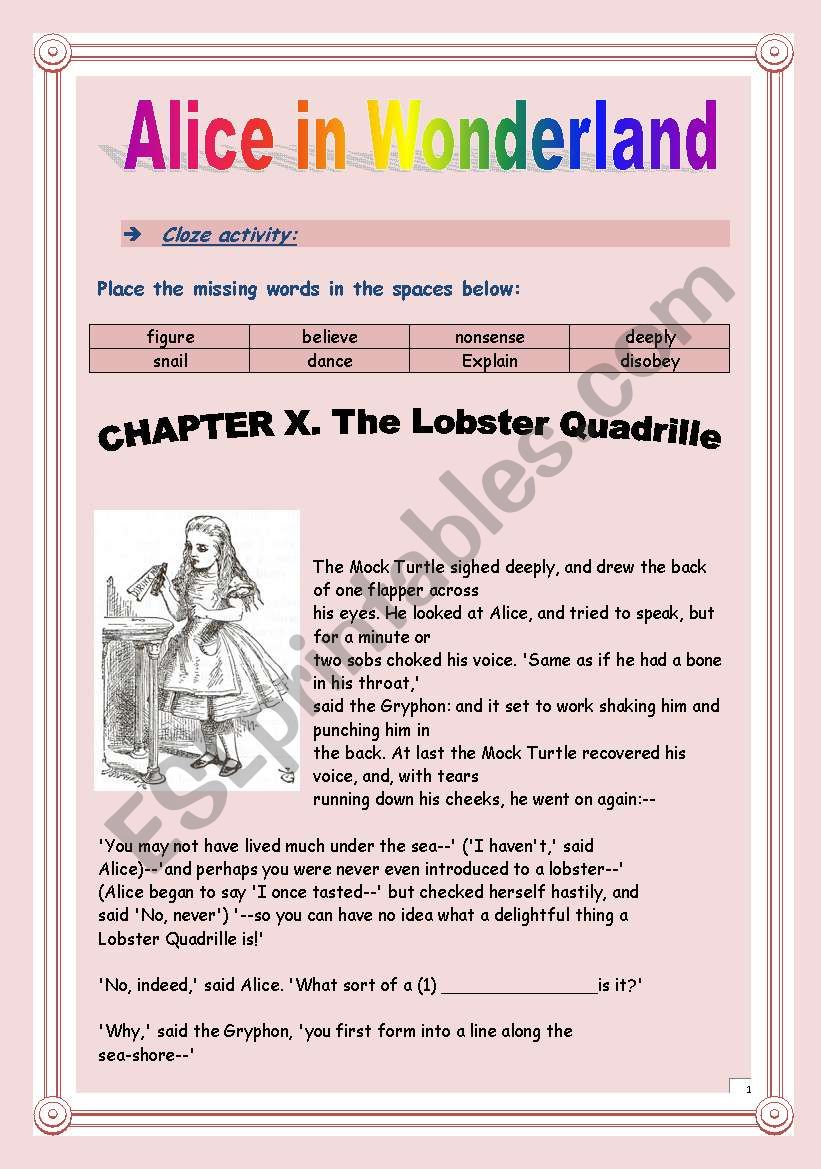 Reading time!!! Alice in Wonderland (Chapter X) - Cloze activity. (9 pages - KEY included)