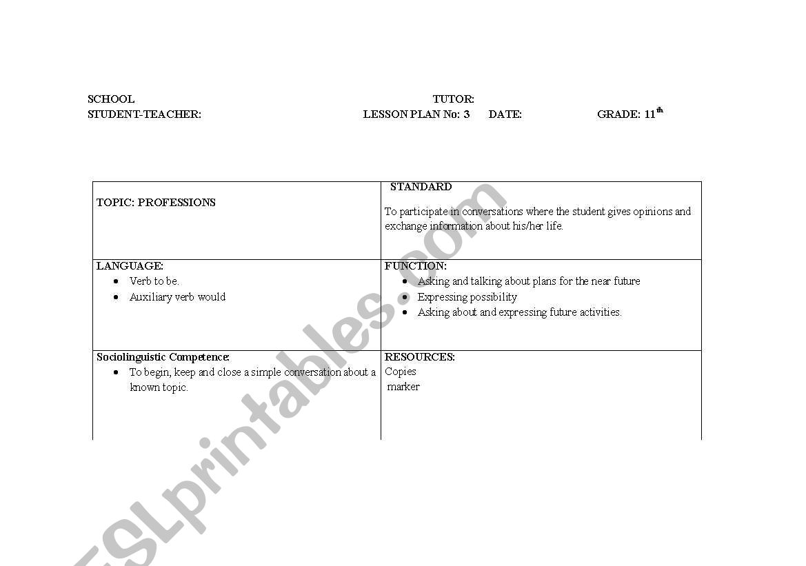 lesson plan professions worksheet