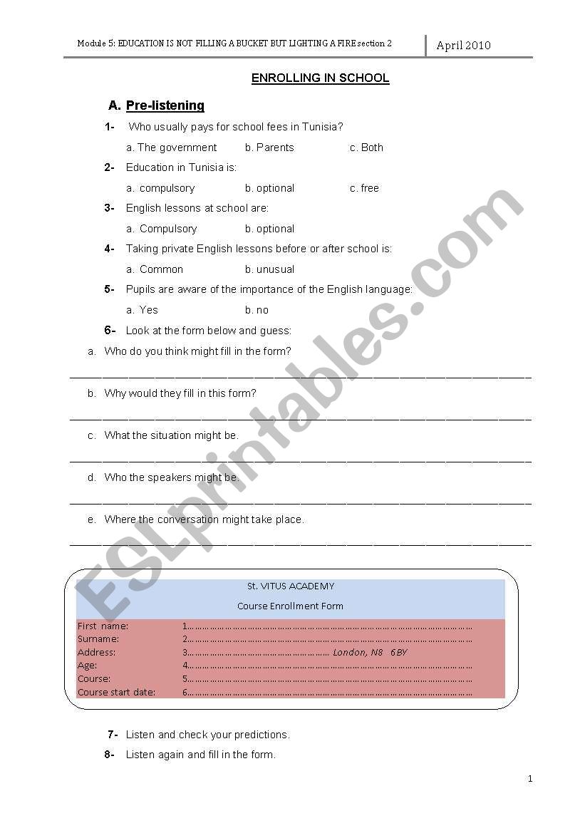 School enrollment worksheet