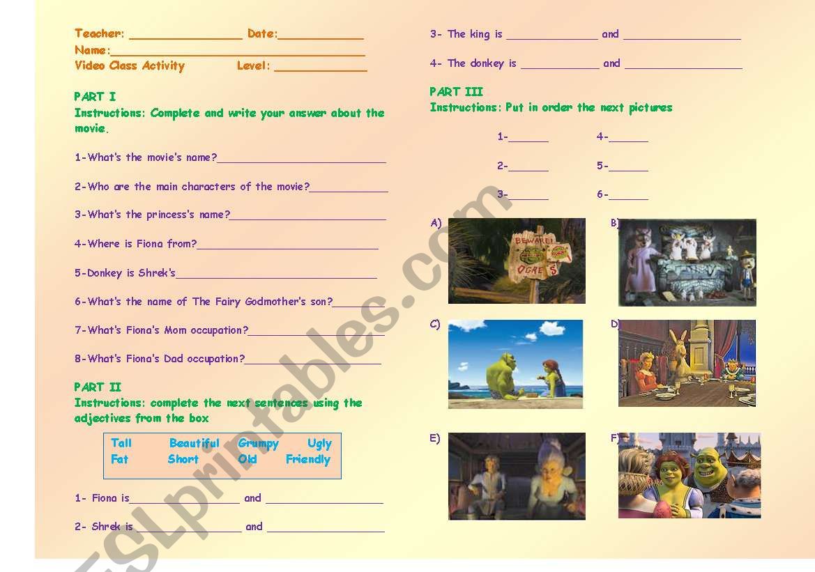 Shrek Video Activity worksheet